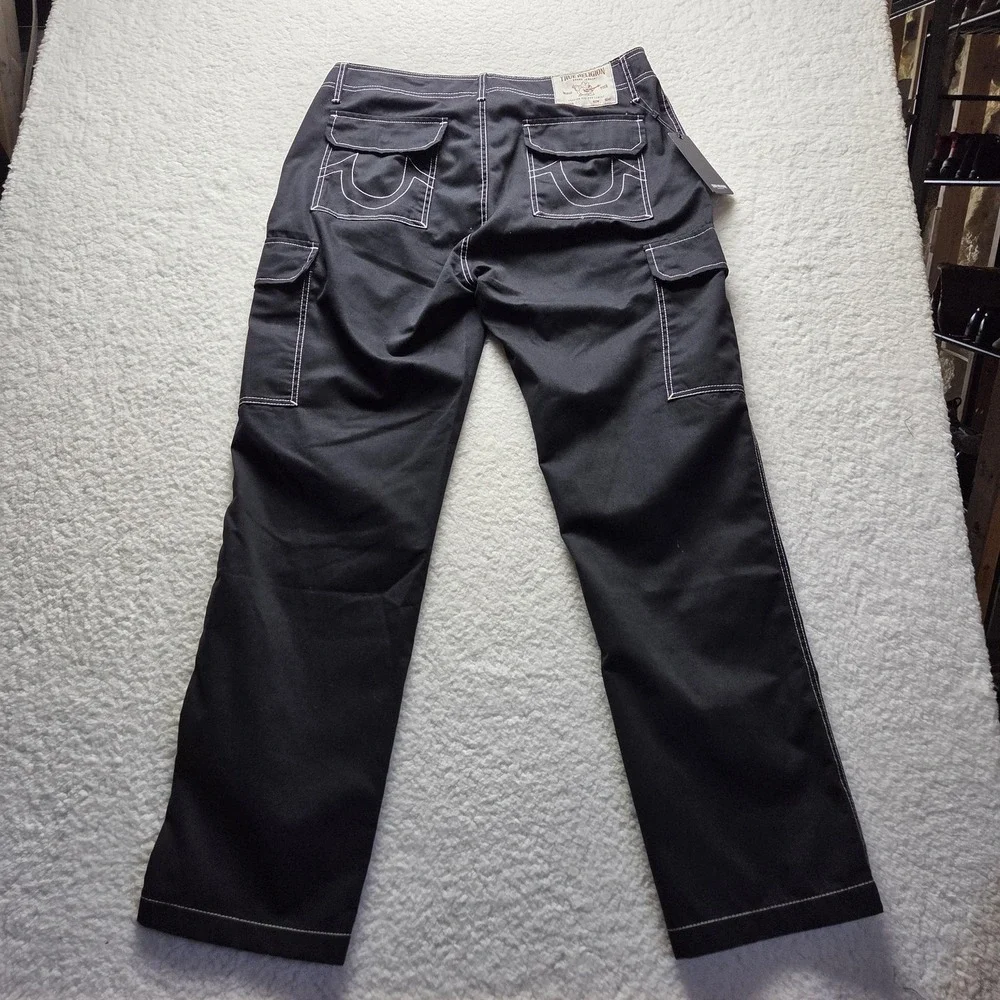 True Religion Cargo Pants Mens 36x32 Black Contrast Stitch Denim Pockets Casual